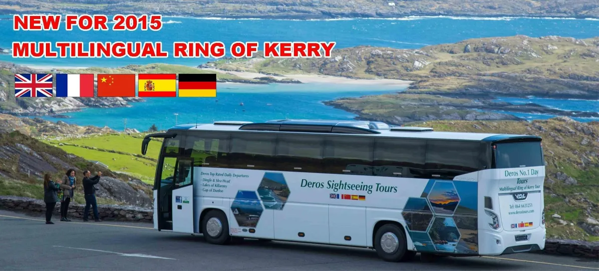 Tour bus on the Ring of Kerry with multilingual signage.