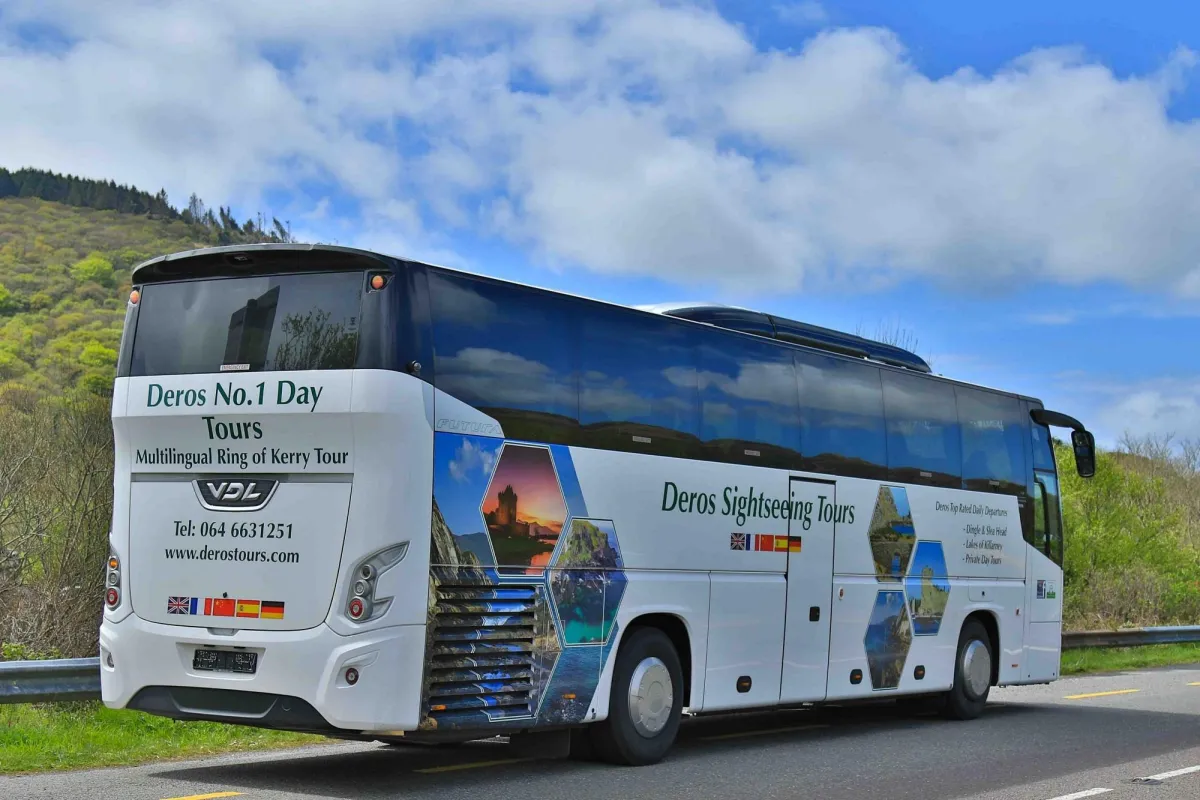 Tour bus on road with scenic images on side.
