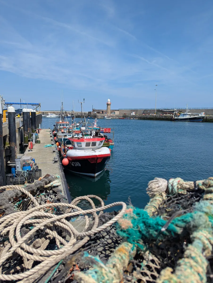 Fishing boats docked at a harbor with a lighthouse.