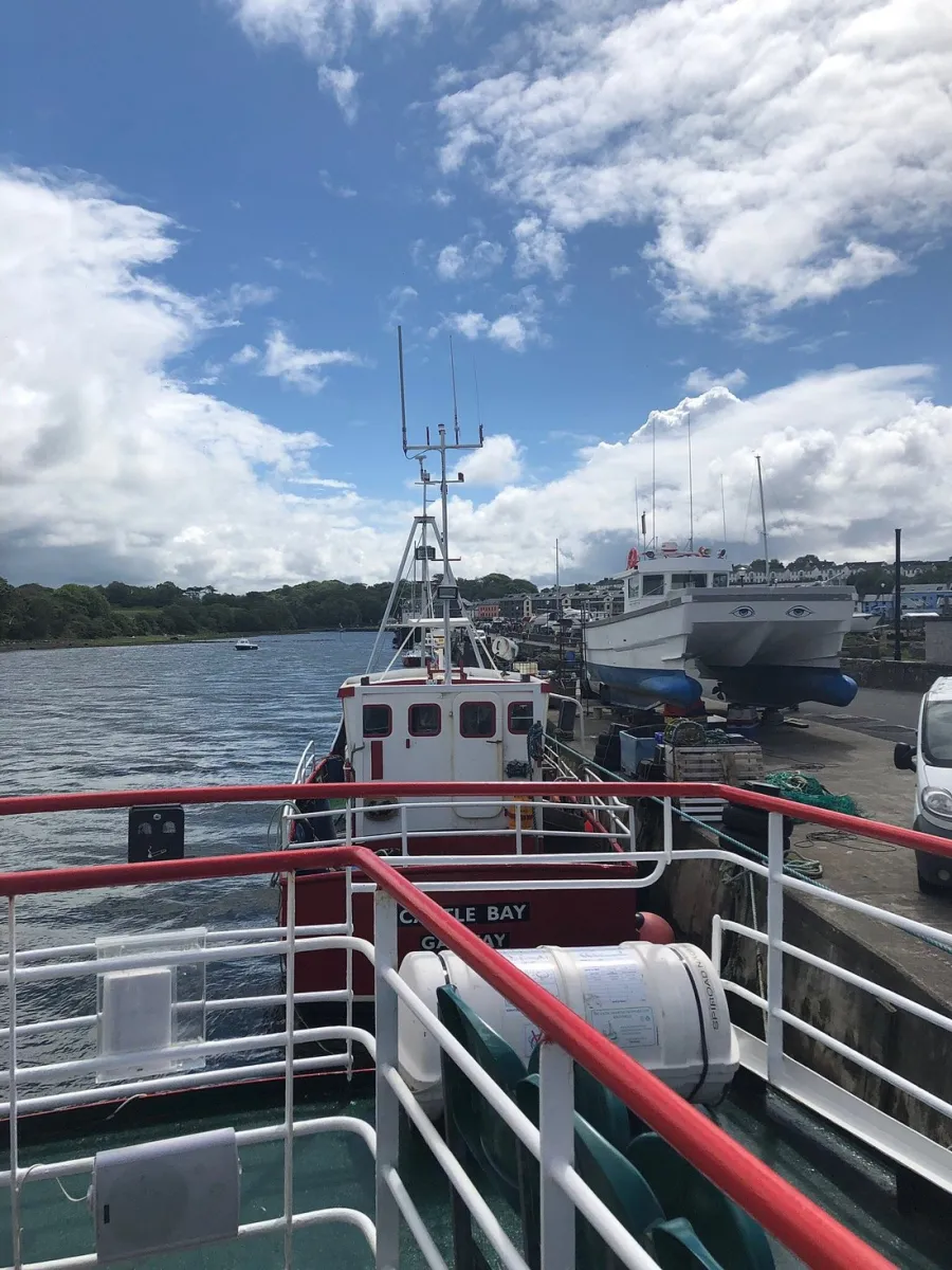 Boats docked at a harbor under a cloudy sky.