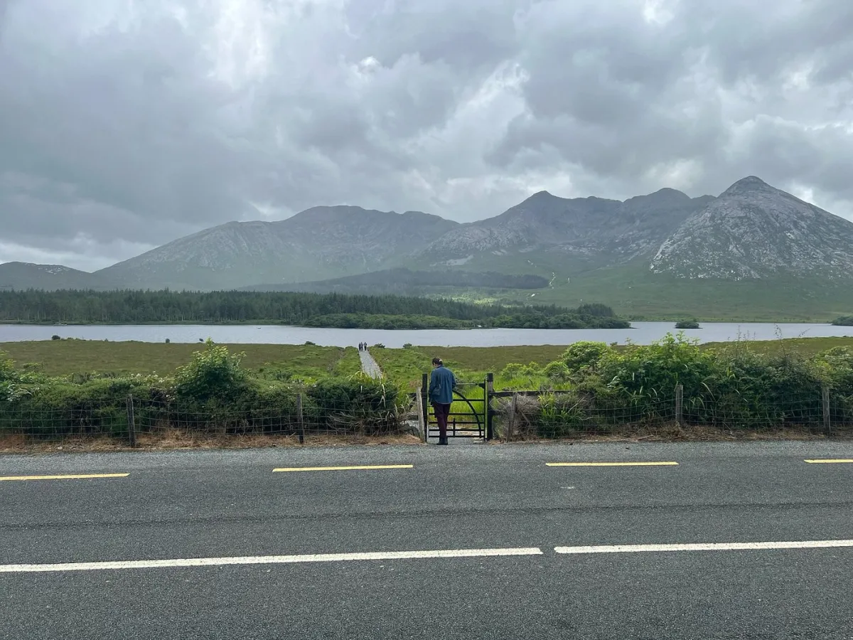 Person standing by a gate overlooking a lake and mountains.