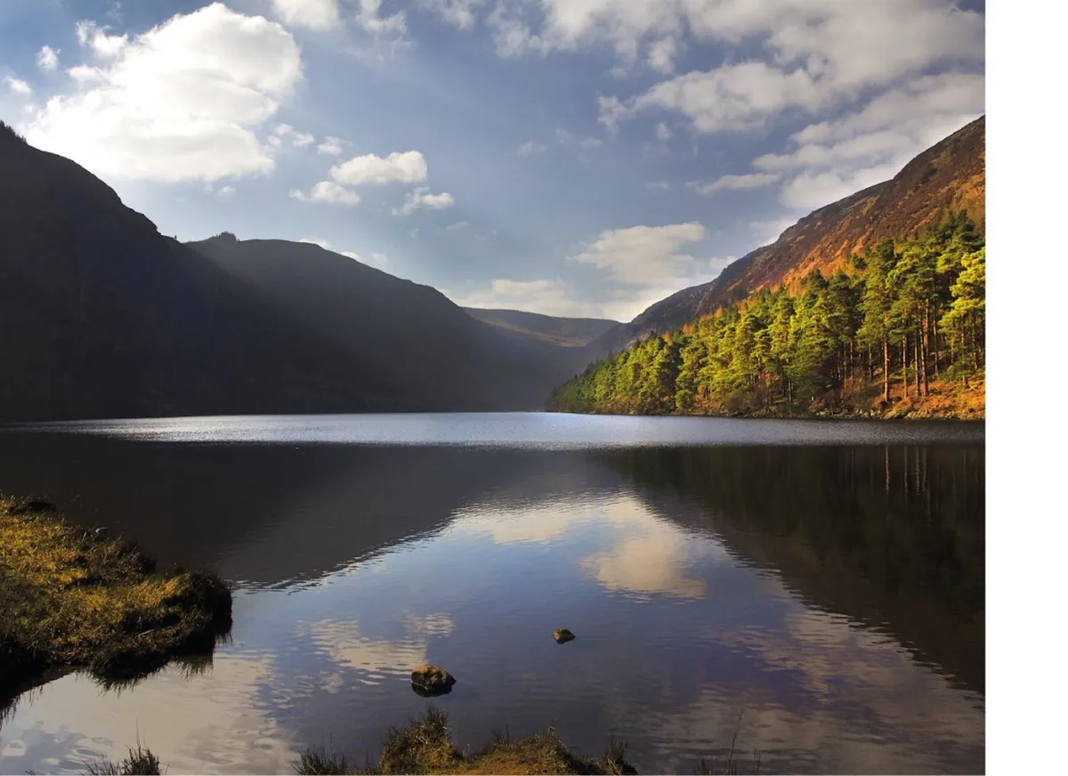 Scenic lake with mountains and trees under a cloudy sky