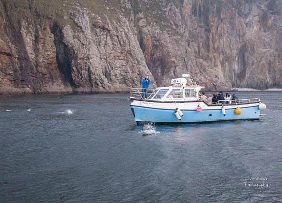 Boat with people near a rocky cliff