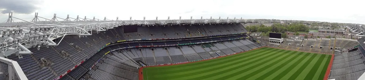 Panoramic view of an empty stadium with green field