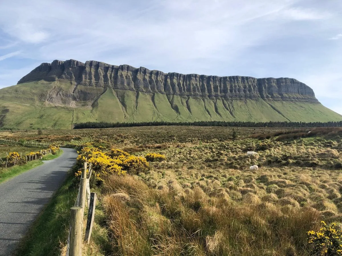 Mountain landscape with grassy fields and a winding road.