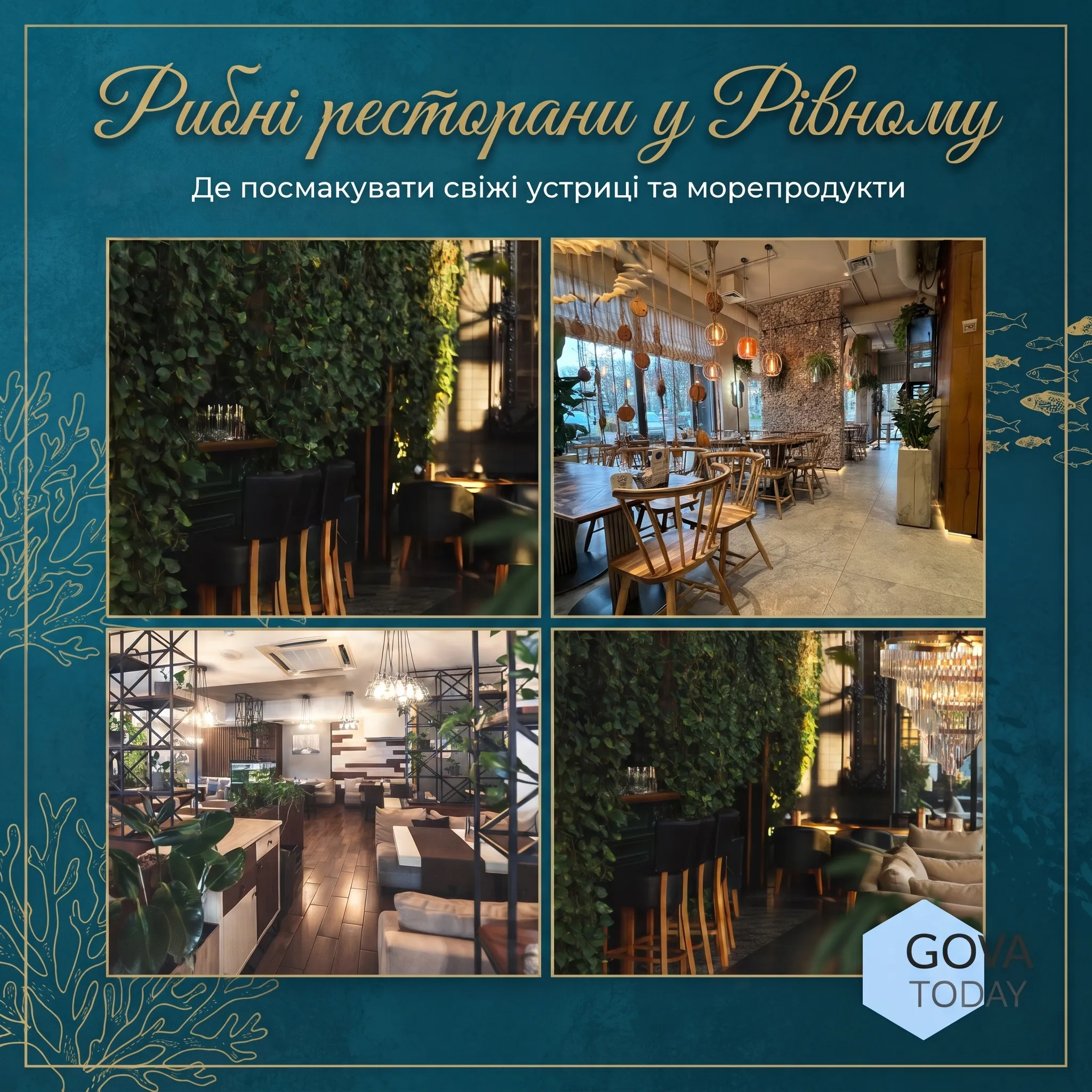 Банер статті про рибні ресторани та морепродукти у Рівному: колаж інтер'єрів закладів із запрошенням скуштувати устриці та логотипом Gova Today.