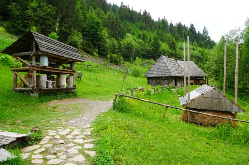 Музей «Старе село» — дерев'яна будівля з солом'яним дахом, Колочава, скансен