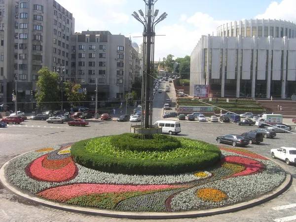 Квітковий клумба на площі з будівлями навколо.