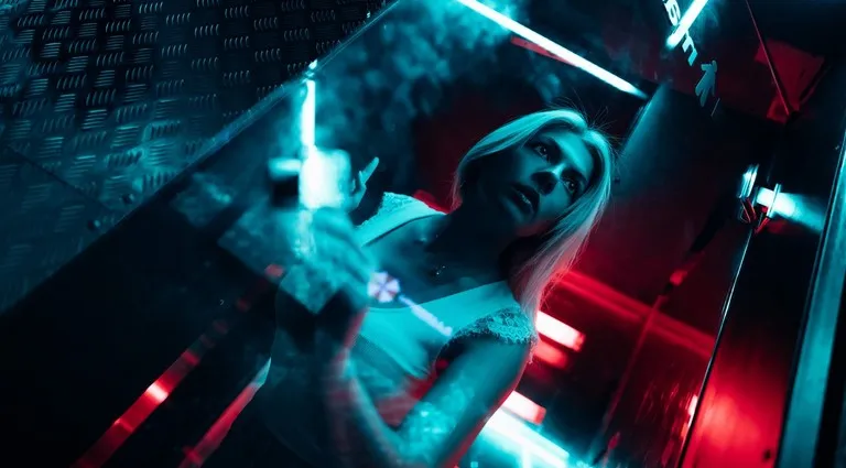 Жінка в неоновому освітленні дивиться вгору.