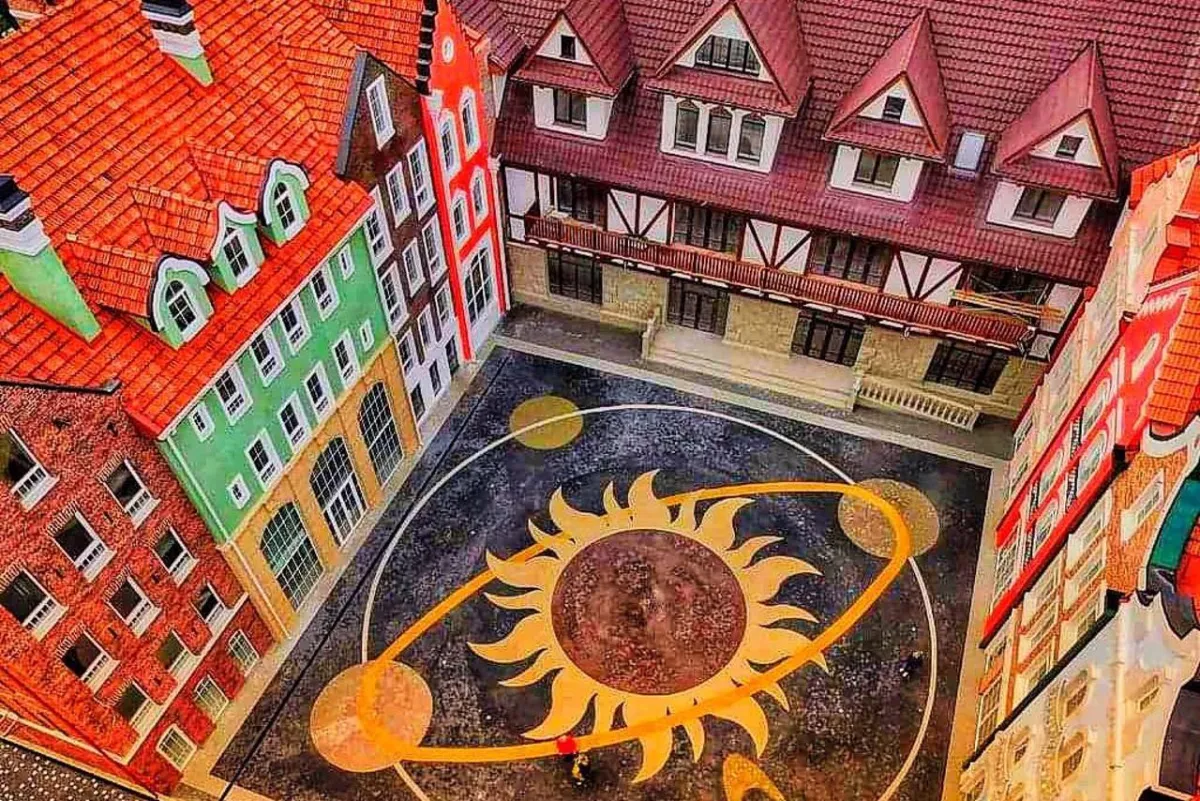 Colorful courtyard with sun design on the ground