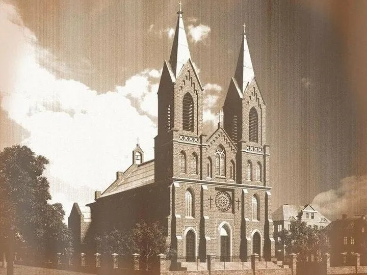 Стара фотографія церкви з двома вежами.