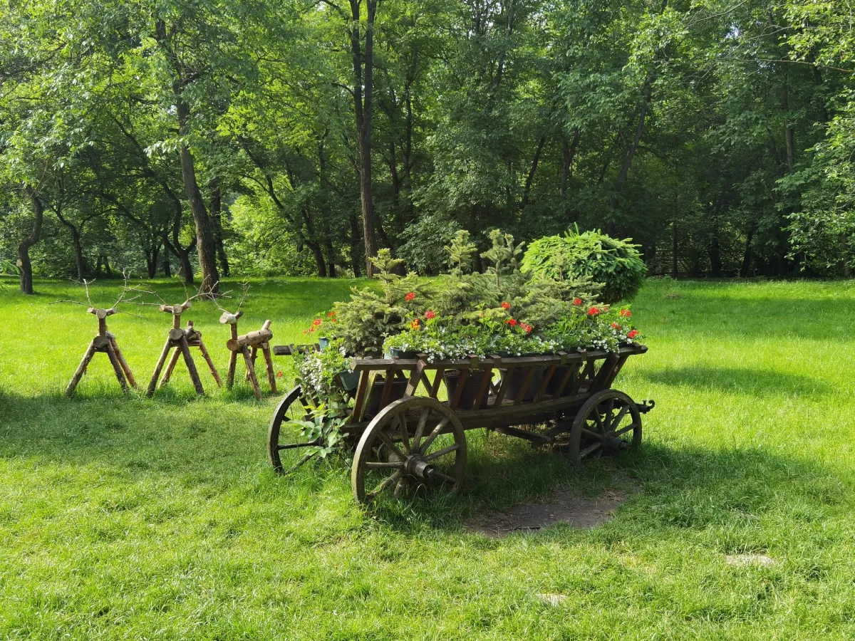 Квіткова композиція на візку в парку