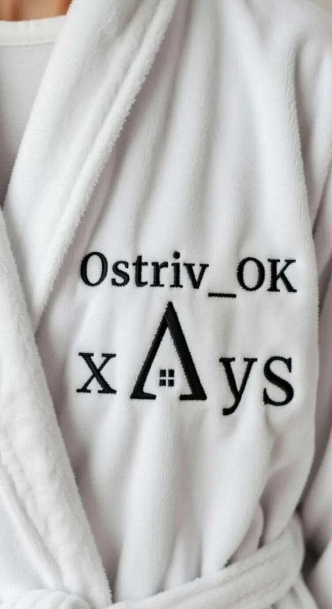 Білий махровий халат з вишитим логотипом комплексу Ostriv_OK та Ays.