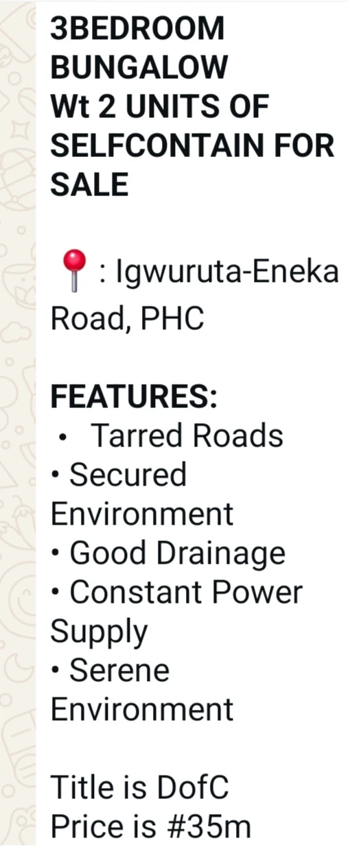 Bungalow for Sale in Igruruta / enaka rd, Rivers