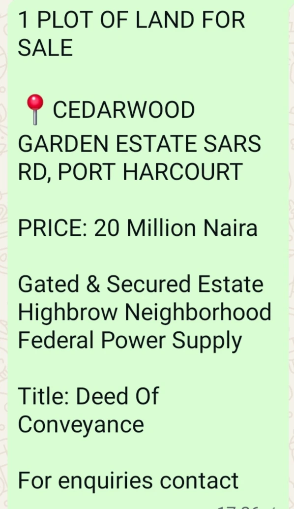 Land for Sale in Sars rd, Rivers