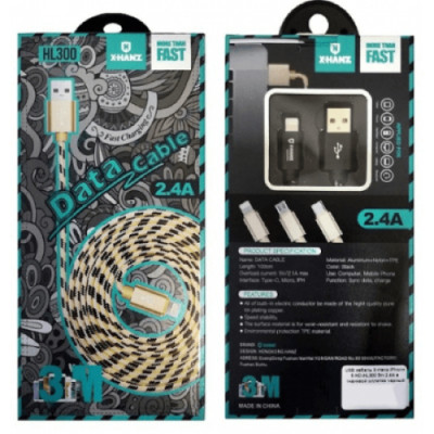 X-HANZ USB-A To Lightning Cable Nylon 3m – Black