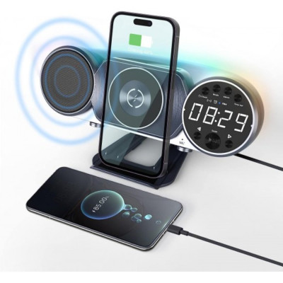 Wireless Charging With Clock And Speaker (WD-100, Metallic Blue)