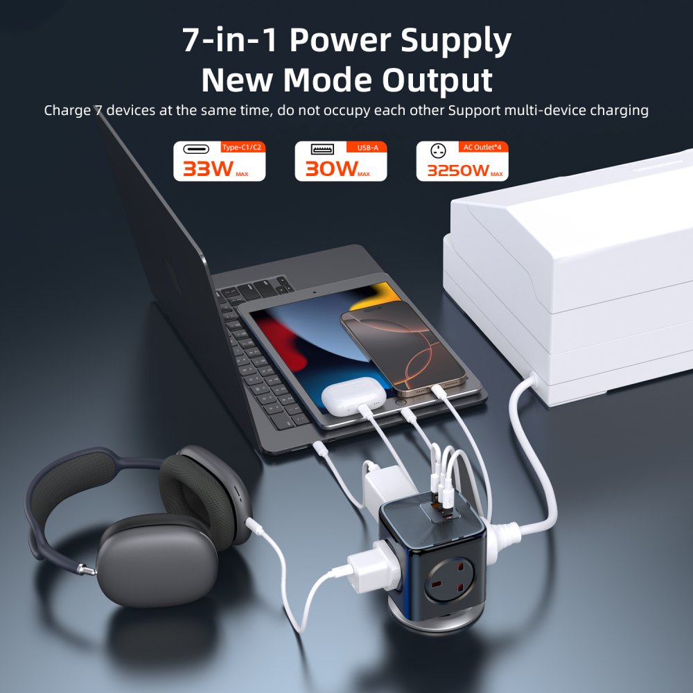 Vyvylabs GaN Square Power Strip 4AC+ 2C+A 33W UK Version (with Cable 1.5M)