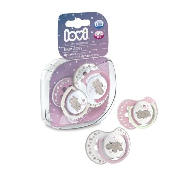 Пустышка силиконовая динамичная Lovi Night&Day Girl Hippo 0-3 мес 2 шт Розовый 22/809girl_H
