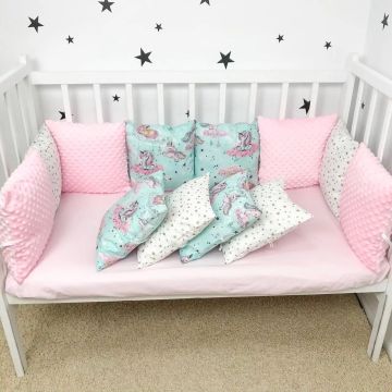 Бортики в ліжечко Oh My Kids Єдиноріжки на хмарах Ранфорс/Плюш Рожевий 8 шт Б-102-ПХП