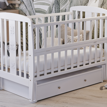 Ліжечко дитяче з натурального дерева з шухлядою Дубок Друзі Білий 9800-DDS-01