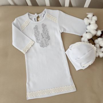 Сорочка Бетис "Чаривнисть" для мальчика с вышивкой и беретом, белый интерлок 86