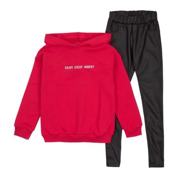 Дитячий костюм для дівчинки худі та штани ЛяЛя 8 - 17 років Трикотаж/Екошкіра Малиновий/Чорний К3ДВ145_6-137 158