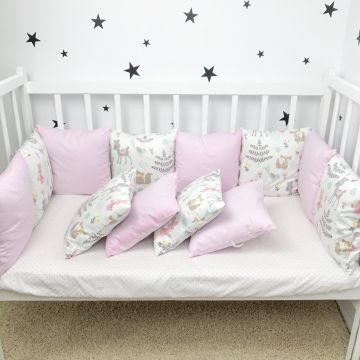 Бортики в ліжечко Oh My Kids Forest Animals Ранфорс/Сатін Рожевий 12 шт Б-041-ХС