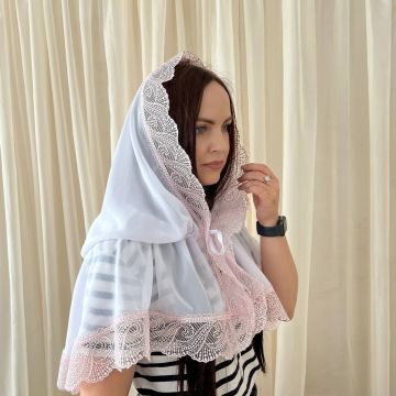 Хустка на голову до церкви BetiS Ніжність перлин Шифон Білий/Пудровий 80х120 см 27690041