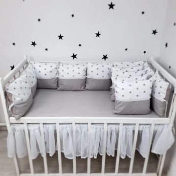 Бортики в ліжечко Oh My Kids Зірки Бязь/Ранфорс Сірий 12 шт Б-135-Х