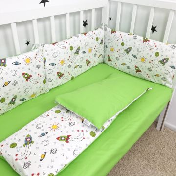 Бортики в ліжечко Oh My Kids Ракети Ранфорс Білий/Зелений 6 шт БПЛ-107-Х
