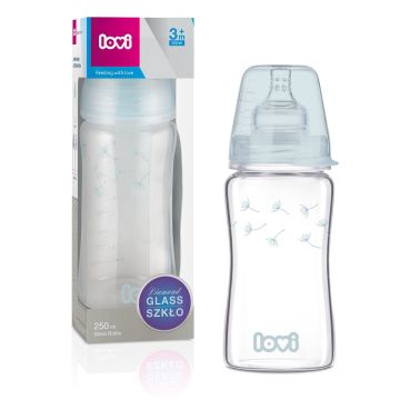 Скляна пляшечка для годування Lovi Diamond Glass Baby Botanic 250 мл Блакитний 74/205