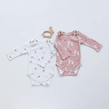 Бодик для новорожденных набор 2 шт ELA Textile&Toys Цветы/Зайчики 0 - 3 лет Интерлок в рубчик Белый/Розовый BS001LSP 80