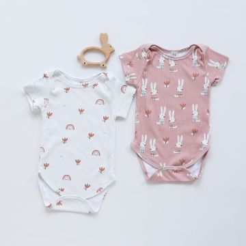 Бодик для новорожденных набор 2 шт ELA Textile&Toys Цветы/Зайчики 0 - 3 лет Интерлок в рубчик Белый/Розовый BS001SSP 80