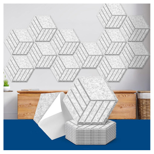 Art3d Self Adhesive 12 Pack Acoustic Panels, 35.5 X 30.5 cm Soundproof Wall Panels, High Density Sound Absorbing Panels Hexagon Beveled Edge Sound Dampening Panels, Studio Treatment Tiles