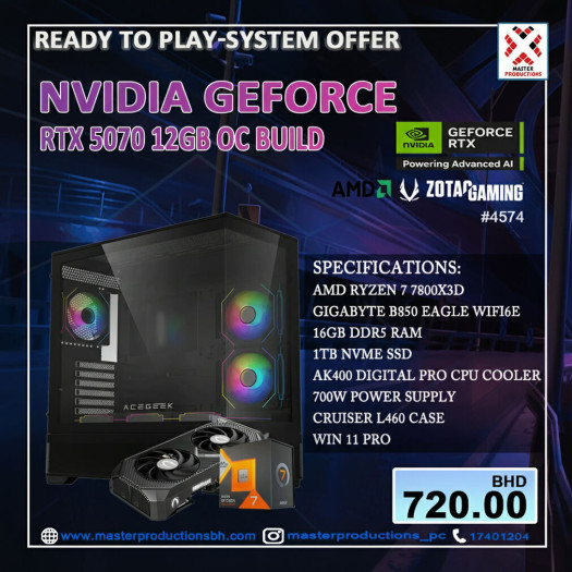 Ryzen 7 7800X3D , RTX 5070 12GB OC , 16GB DDR5 RAM , 1TB NVMe , B850 Eagle WiFi 6E , AK400 Digital Pro , 700W PSU , Cruiser L460 Case , Windows 11 Pro - RTP #4574
