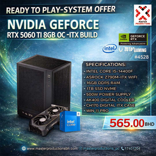RTX 5060 Ti Build 8GB,Intel Core i5-14400F,ASRock Z790M-ITX WiFi, 16GB DDR5 RAM, 1TB NVMe SSD, AK400 Digital Cooler, 500W Power Supply, CH170 Digital ITX Case, Win 11 Pro - RTP # 4528