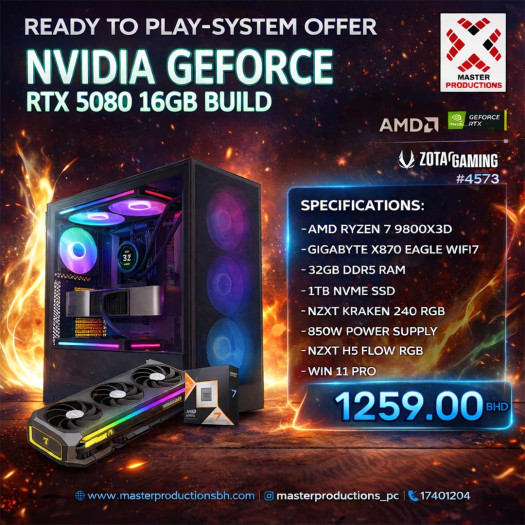 AMD Ryzen 7 9800X3D,RTX 5080 16GB,,32GB DDR5 RAM,1TB NVMe SSD,Gigabyte X870 WiFi 7,NZXT Kraken 240 RGB,850W PSU,NZXT H5 Flow RGB Case,Windows 11 Pro - RTP # 4573