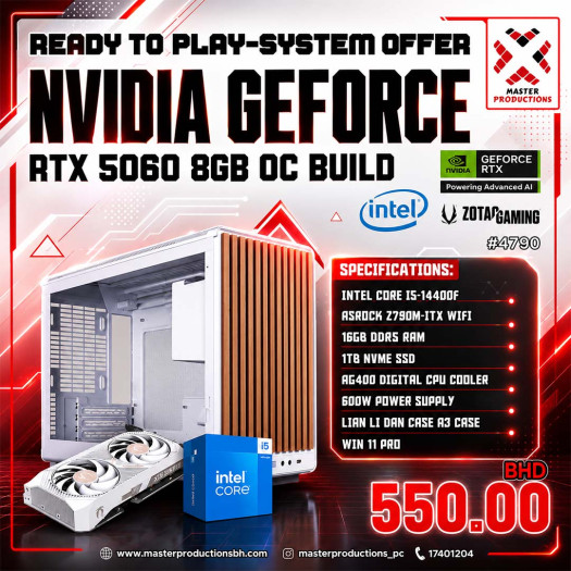 RTX 5060 Build 8GB,INTEL CORE I5 14400F, ASRock Z790M-ITX WIFI, 16GB DDR5 RAM, 1TB NVMe SSD, AG400 DIGITAL AIR Cooler, 600W Power Supply, LIAN LI DAN case A3 case, RTP # 4790