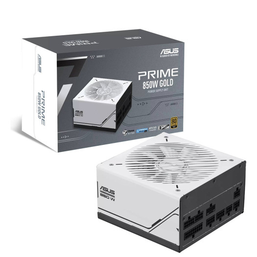 ASUS Prime AP-850G Fully Modular ATX Power Supply, 850W Power, 80 Plus Gold Efficiency, Active PFC, ATX 3.0 Compatible, Dual-Ball Fan Bearings, White