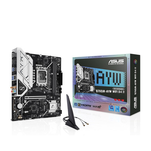 ASUS B760M-AYW WiFi D4 II Intel® B760 (LGA 1700) microATX mATX Motherboard, PCIe 5.0 x16 Support, Two M.2 Slots, DDR4, Realtek 2.5Gb Ethernet, Wi-Fi 6, HDMI, SATA 6 Gbps, Front USB 5Gbps, Aura Sync
