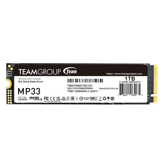 TEAMGROUP MP33 1TB SLC Cache 3D NAND TLC NVMe 1.3 PCIe Gen3x4 M.2 2280 Internal SSD R/W Speed up to 1800/1500 MB/s Laptop & PC Desktop TM8FP6001T0C101