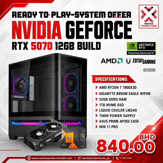 RTX 5070 Build 12GB, AMD Ryzen 7 7800X3D ,GIGABYTE B850M Eagle WIFI6E, 16GB DDR5 RAM, 1TB NVMe SSD, LM240 Liquid Cooler, 700W Power Supply, ASUS AP202 case, RTP # 4803