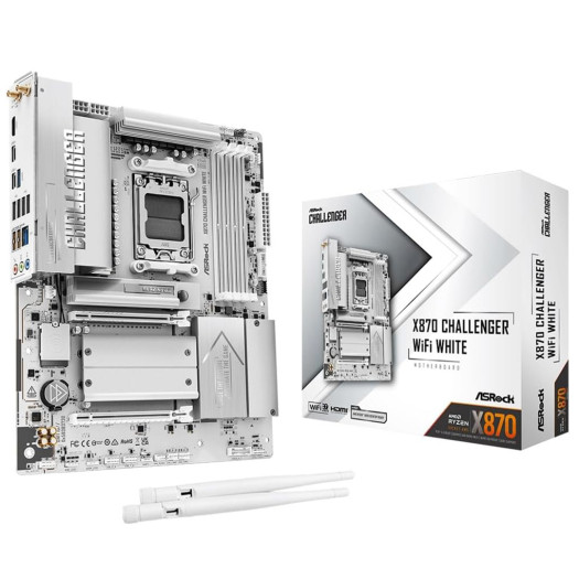 ASRock X870 Challenger WiFi White ATX Motherboard, AMD AM5 Ryzen 9000/8000/7000, DDR5 8000+ (OC), PCIe 5.0, Dual USB4, Wi-Fi 7, 2.5G LAN, 16+2+1 Dr.MOS