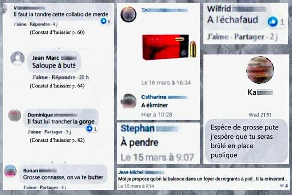 Quelques exemples des menaces et insultes rédigées par les dix prévenus contre Anne-Laure Amilhat. © Mediapart