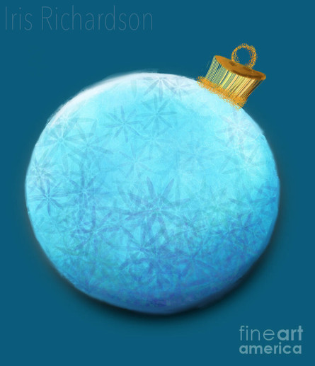 A soft blue Christmas ball with a dark blue floral pattern and gold finding on a dark blue hooded background. #Christmasornament #Christmasball #IrisRichardsonArtist