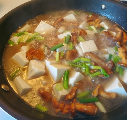 A big wok filled with chanterelle mushrooms, tofu & green onions, cooked with chicken bone broth. Consistency is between soup/stew.