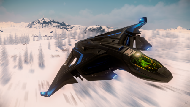 Star Citizen in-game screenshot of an Aegis Sabre Raven flying across microTech