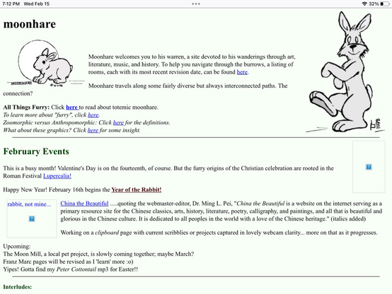 Screenshot showing moonhare drawings and links to various furry topics.
