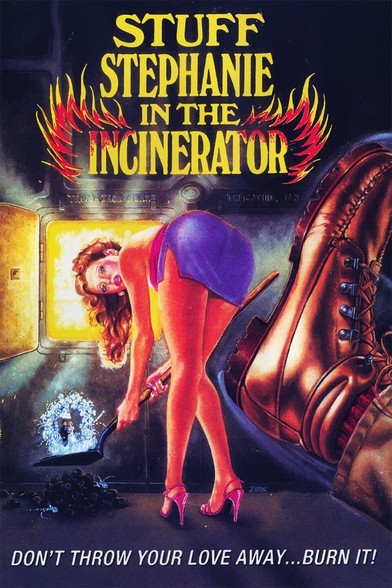 The title appears above the picture of a blond, young woman in a minidress and high heels. She is bent over in front of a flaming incinerator looking back. A boot looms in the foreground on the right, ready to boot her in.